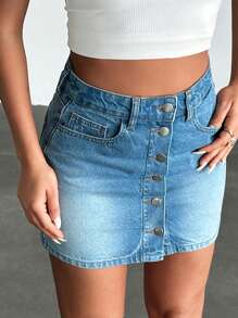EURMUSE WOMEN LOW WAIST MINI SKIRT BUTTON ON FRONT BLUE WASH - Medium Wash - View 4