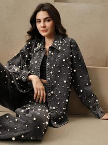 Anewsta 优雅时尚的女士长款牛仔衬衫，饰有珍珠和水钻装饰，高档新年衬衫 - 黑色 - 查看 6