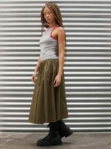 COUREZ Parachute Low Waist Midi Skirt Y2K Vintage 100%Cotton - Army Green - View 6