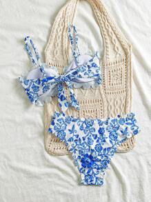 Swim Mod Women's Chinoiserie Floral Ruffle Detail Bandeau Swimwear Set - Multicolor - View 2