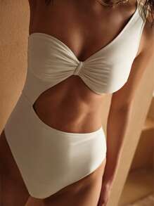 MOTF PREMIUM CUT OUT ONE SHOULDER ONE-PIECE SWIMSUIT FOR SUMMER BEACH VACATION - Beige - View 5