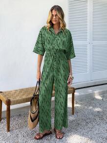 SHEIN VCAY Damen Jumpsuit mit Schmetterlingsärmeln, Batikdruck und Gürtel, Damen Urlaubsoutfits, Damen Urlaubskleidung, Frühling Jumpsuit für Damen - Grün - Übersicht 3