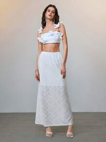 SHEIN LUNE Casual Solid Color Hollow Lace Long Skirt - White - View 6