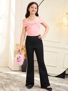 Blusa elegante con nudo y lazo asimétrico de punto para niñas preadolescentes, camisa rosa, estilo francés de moda, blusa dulce para volver a la escuela, a juego con mamá - Rosa - Ver 6