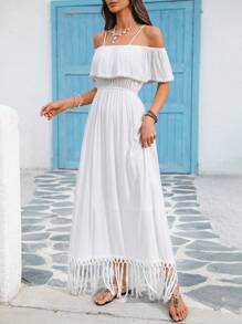 SHEIN VCAY Vestido de mujer de unicolor con volantes y volantes, elegante para vacaciones - Blanco - Ver 2