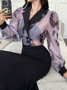 DAZY 女式花卉 PU 拼布泡泡袖衬衫，秋季女装长袖上衣 - 紫色 - 查看 4