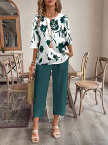EMERY ROSE Women Floral Print Blouse And 7/8 Pants Set,Summer Sets