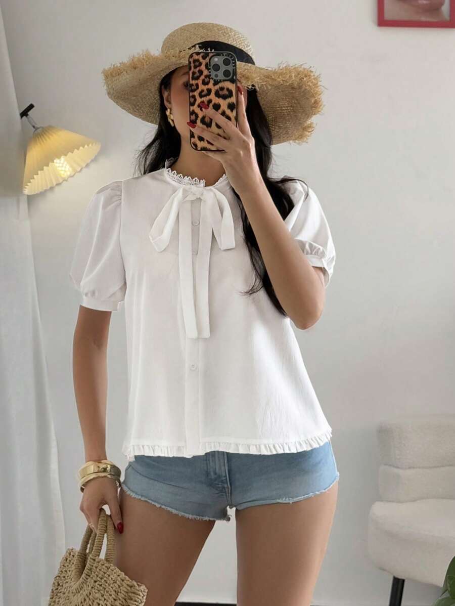 Chiquease Elegant Puff Sleeve Sweet Bowknot Solid Color Lace Trim Shirt, Spring/Summer - White - View 1