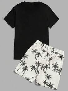 Manfinity BRENVOR 2 buc/Set Set de tricou și pantaloni scurți pentru bărbați, casual, imprimat cu palmieri, pentru vară - Negru - Vizualizare 2