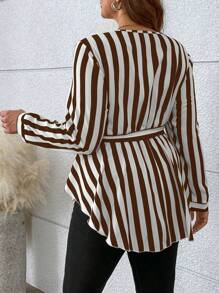 EMERY ROSE Plus Size Striped Printed Cross Collar Asymmetrical Hem Blouse Peplum Top - Coffee Brown - View 6