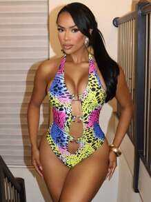 Swim SXY Women Halter Neck Tied Sexy Deep V Square Decoration Fashion Print One-Piece Swimsuit, Beach Vacation For Summer - Multicolor - View 1