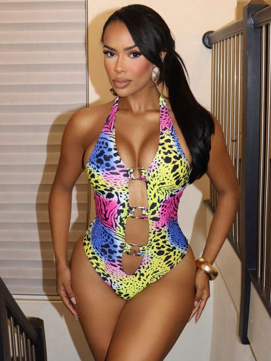 Swim SXY Women Halter Neck Tied Sexy Deep V Square Decoration Fashion Print One-Piece Swimsuit, Beach Vacation For Summer - Multicolor - View 1