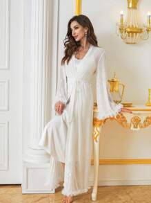 Luxury Elegant Sleepwear Set: 3D Floral Trim Wide Sleeve Jacquard Long Robe & Faux Silk Cami Nightgown - White - View 5