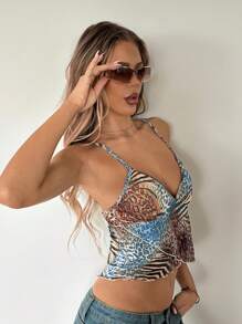 SHEIN ICON Boho Vacation Fashion Cropped Net & Animal Print Camisole - Multicolor - View 5