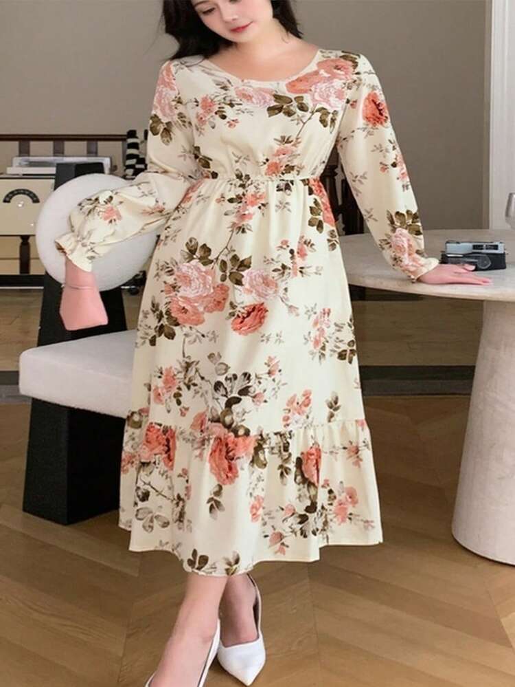 Dazy Plus Plus Size Pink Floral Print Long Sleeve Midi Dress,Ruched Waist Boho Milkmaid Dress For Women,Holiday Vacation Beach Wear,Autumn Spring Draped Party
