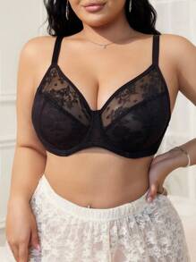 1pc Women Plus Size Thin Lace Wire-Free Lingerie Bra - Black - View 1