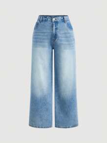 SHEIN PETITE CURVE Women Plus Size Vintage Blue Denim Wide Leg Pants
