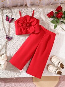 SHEIN 2 Pieces Set For Baby Girls: Floral Knit Tank Top + Yellow Woven Casual Pants, Suitable For Party & Outing