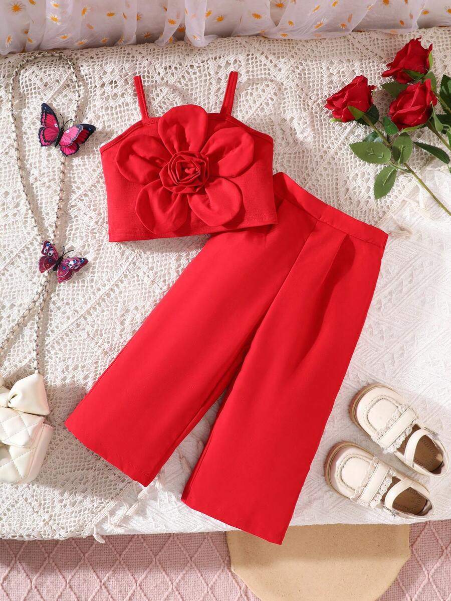 SHEIN 2 Pieces Set For Baby Girls: Floral Knit Tank Top + Yellow Woven Casual Pants, Suitable For Party & Outing