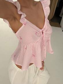 Aloruh Nouvelle mode Top babydoll évasé à manches à volants, taille marquée, nœud papillon et dos nu