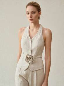 MOTF PREMIUM Atasan Kancing Depan Motif Bunga Stereo Linen - Aprikot - View 4