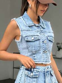 SHEIN EZwear 女士单扣磨边休闲牛仔背心 - 藍色 - 查看 4