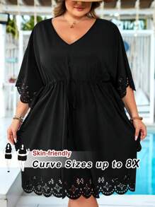 SHEIN CURVE+ Plus Laser Cut Out Drawstring Waist Cover Up Dress Boho Vacation - Black - View 1