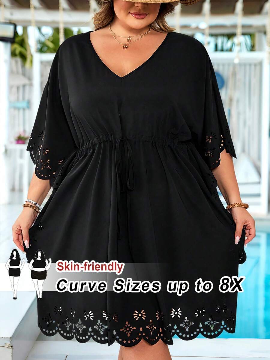 SHEIN CURVE+ Plus Laser Cut Out Drawstring Waist Cover Up Dress Boho Vacation - Black - View 1