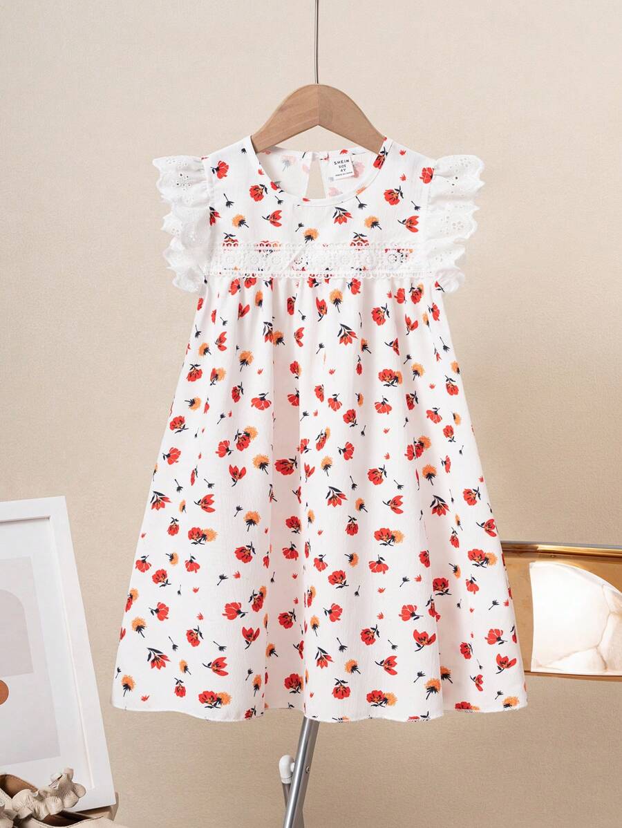 SHEIN Young Girl Ditsy Floral Ruffle Trim Cap Sleeve Dress - Multicolor - View 1