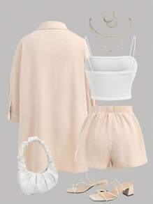 3 PiecesTween Girl Casual/Home Loose Drop Shoulder Lapel Button-Up Woven Texture Shirt, Fitted Stretchy Knit Camisole And Matching Shorts Set, Khaki & Apricot, Suitable For Home, Outgoing, Back To School And More Occasions