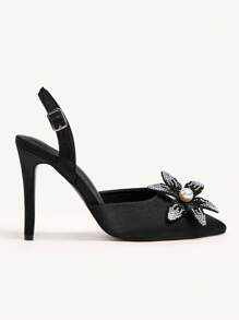 CUCCOO CHICEST Pointed Toe Floral Embellished High Heel Women Pumps - Black - View 3