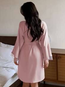 DAZY Satin & Lace Patchwork Sexy Fitted Camisole Dress & Belted Robe Sleepwear Pajama Set, Fall Winter Clothes - Pink - View 2