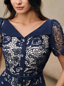 Anewsta 女士时尚蕾丝边腰部收腰中长连衣裙，短袖，优雅，夏季 - 藏蓝色 - 查看 3