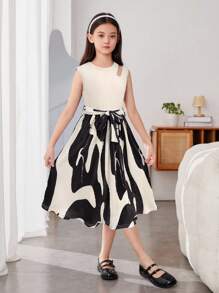 Tween Girls Sweet & Edgy Ditsy Floral Patchwork Crew Neck Sleeveless Casual Knit Dress - Apricot - View 4