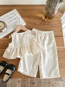 SHEIN LMoss Kids Babygirl Casual Cute Summer Polka Dot Sleeveless Top And Elastic Waist Pants Set