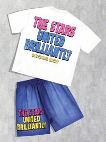 ROMWE MEN Street Life 2pcs/Set Men's Hip Hop Round Neck Short Sleeve Printed Minimalist T-Shirt And Shorts Set - White - View 2