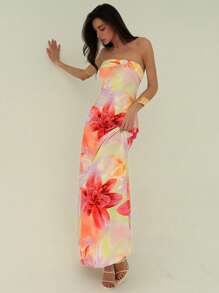 Aloruh 全新浪漫扎染花卉印花露肩露背连衣裙 - 橘色 - 查看 6