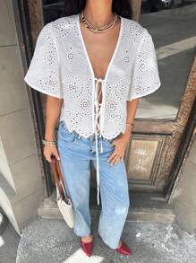 SHEIN Frenchy 女士度假风系带印花刺绣短袖休闲衬衫