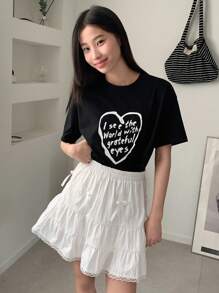 DAZY Set de 2 piezas de parte superior de manga corta con cuello redondo y falda con estampado de letras para niña preadolescente, de estilo minimalista - Negro - Ver 6
