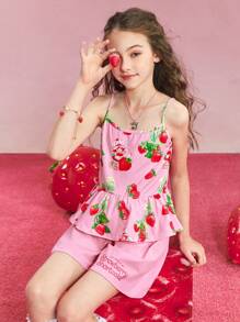 Strawberry Shortcake X SHEIN Tween Girl Sweet Pink Strawberry Print Camisole Ruffle Top & Shorts Summer 2 Pieces Set - Pink - View 3