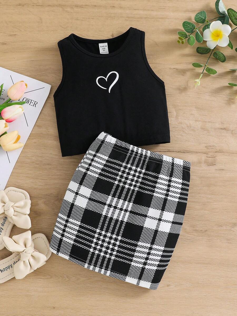 SHEIN 2 件套时尚优雅年轻女孩度假可爱女孩（小）夏季服装 - 黑色 - 查看 1