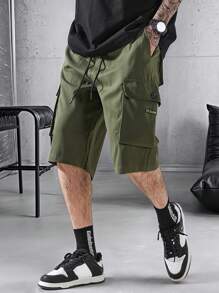 Manfinity Homme Pantalones cortos sueltos y casuales con bolsillo y nudo delantero simples para hombre, de uso diario - Verde militar - Ver 1
