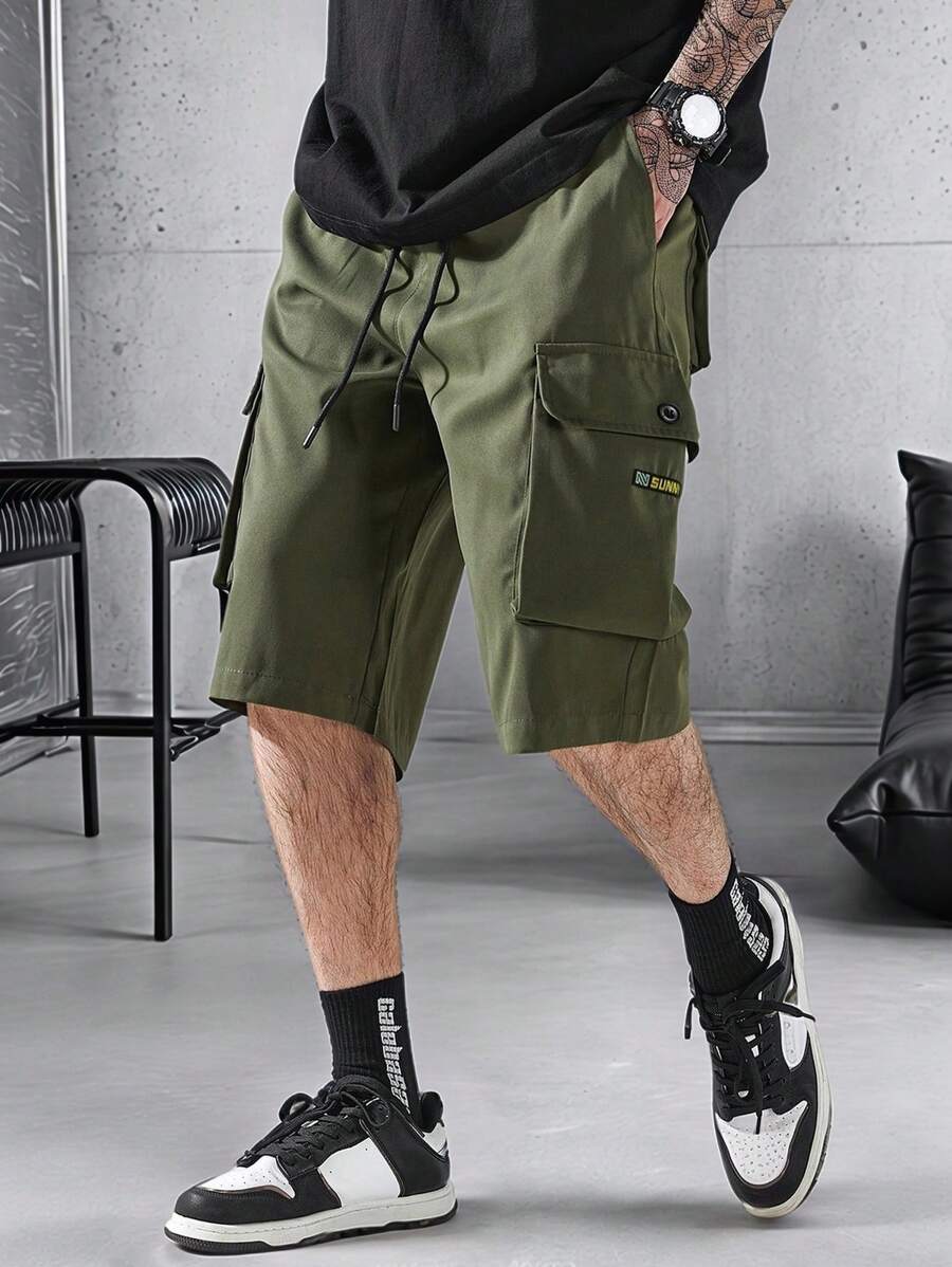 Manfinity Homme Pantalones cortos sueltos y casuales con bolsillo y nudo delantero simples para hombre, de uso diario - Verde militar - Ver 1