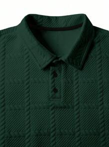 Manfinity Homme 男士提花面料纽扣门襟长袖 Polo 衫，春秋，白色纽扣男士 Polo 衫 - 墨綠色 - 查看 4