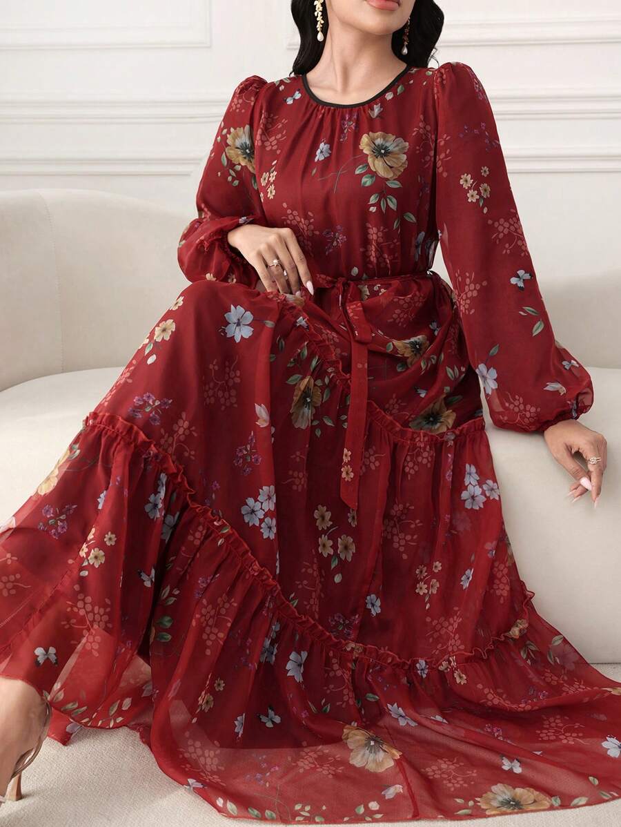 Modelyn 女式长款花卉印花雪纺连衣裙,收腰设计,优雅春夏季节 - 紅色 - 查看 1