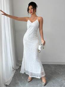 Elenzga Robe mi-longue fourreau élégante de couleur unie avec application de sequins