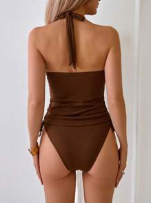 SHEIN Swim 女式常规 2 件套简约纯色休闲比基尼套装，适合夏季 - 咖啡棕 - 查看 4