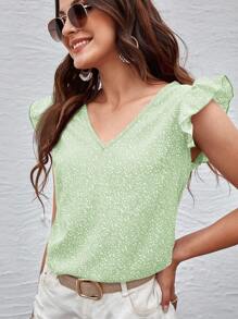SHEIN Clasi Women's Casual Mint Green Floral Print V Neck Ruffle Cap Sleeve Blouse - Mint Green - View 3
