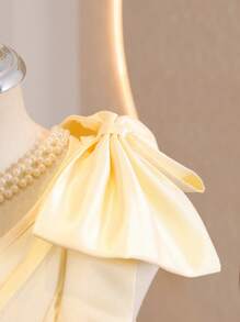 花童长款缎面连衣裙，带蝴蝶结肩带，高档选美舞会婚礼生日派对礼服 - 香檳色 - 查看 3