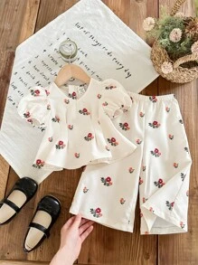 SHEIN LMoss Kids 女婴花卉印花短袖上衣和松紧腰裤套装（夏季） - 玫紅色 - 查看 1